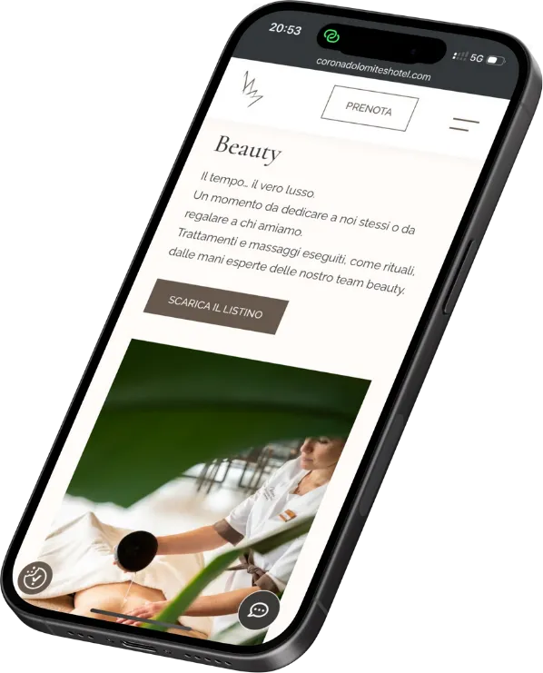Mockup del nuovo sito del Corona Dolomites Hotel su smartphone, pagina Beauty