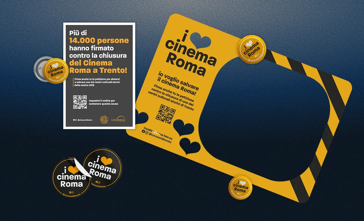 Materiali stampati della campagna «i love cinema»: locandina con QR code, spille e cornice fotografica gialla