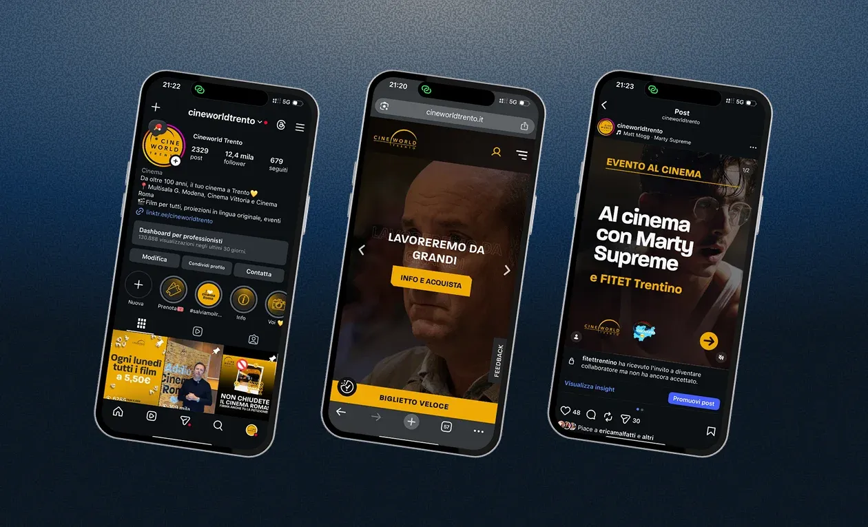Tre smartphone che mostrano il profilo Instagram, il sito mobile e un post social di Cineworld Trento